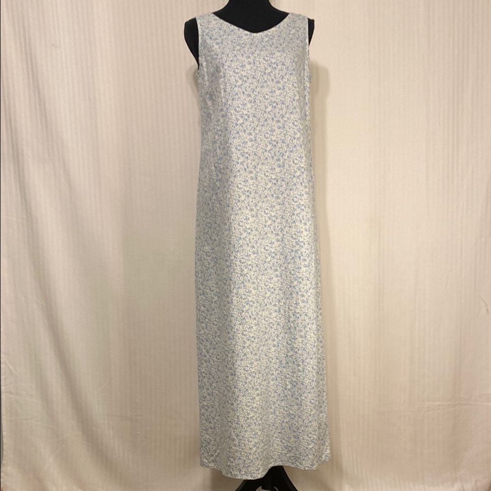 Liz Claiborne Dress Maxi V-Neck Sleeveless Linen Ditzy Floral Blue Yellow 10 - Picture 2 of 10